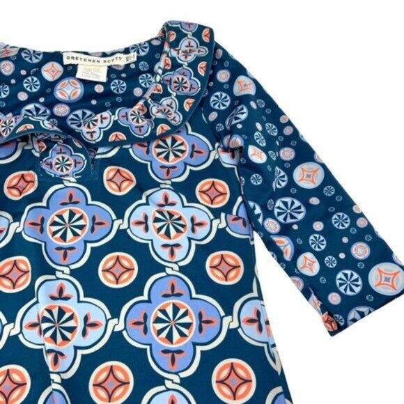 Gretchen Scott Jersey Ruffneck Blue Sundial Geometric Dress with Ruffle Collar - Picture 3 of 6